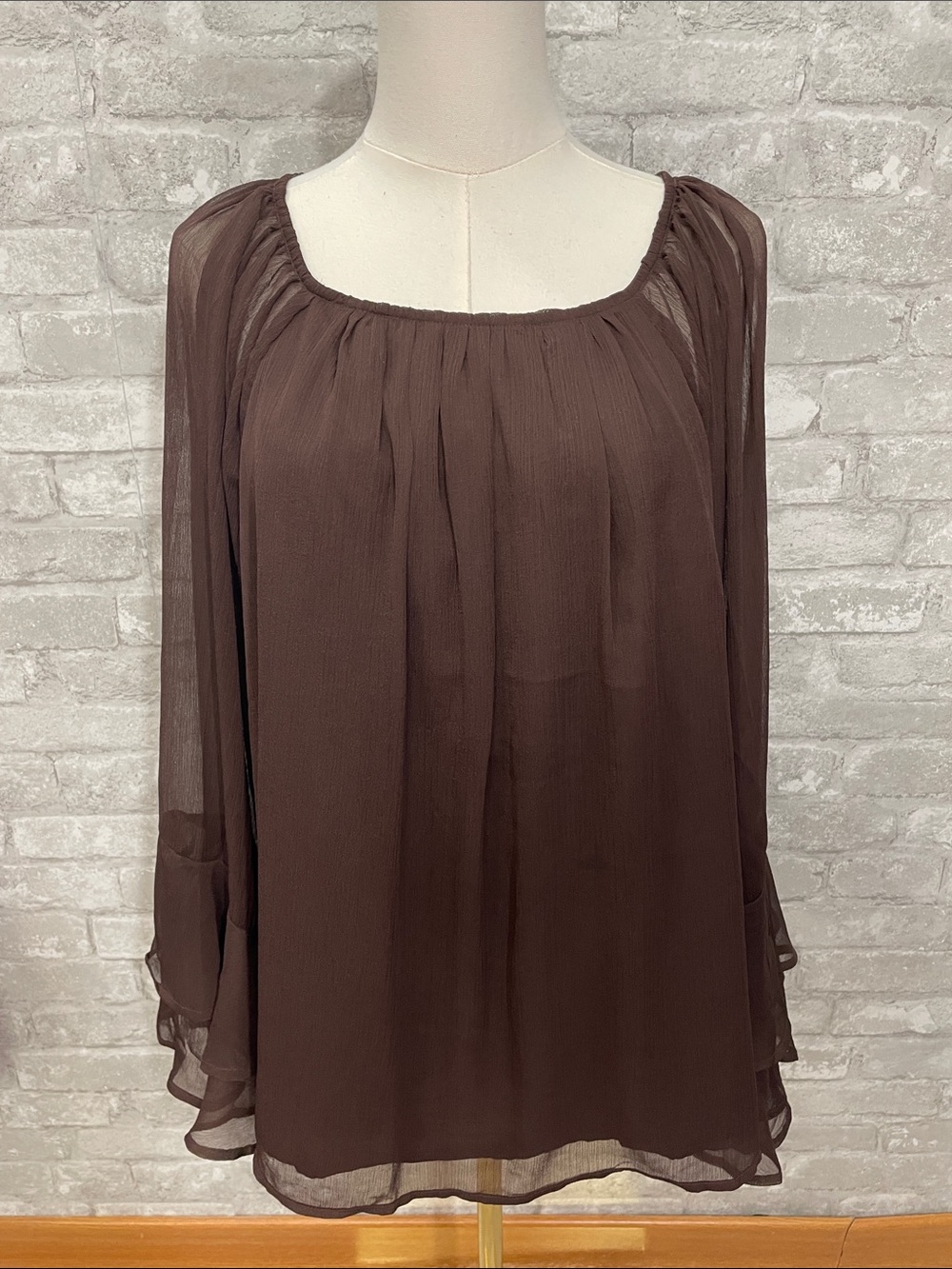 LOFT Chocolate Brown Sheer Long-Sleeve Peasant Top